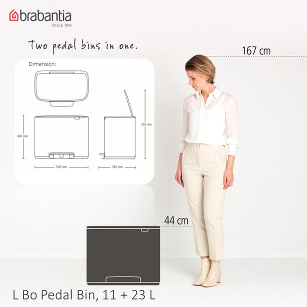 Brabantia Bo Pedal Bin, 2x Inner Buckets, 11 + 23 L