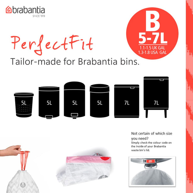 Brabantia PerfectFit Roll Pack Bin Liner Bags, B, 5 L x 20 Bags, Roll Pack