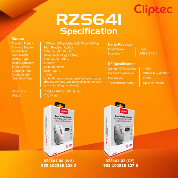 Cliptec RZS641 Dual Mode 3200DPI Rechargeable Silent Wireless Mouse With Digital Display