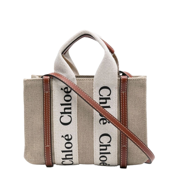 Woody Mini Linen Canvas & Calfskin Tote - White & Brown