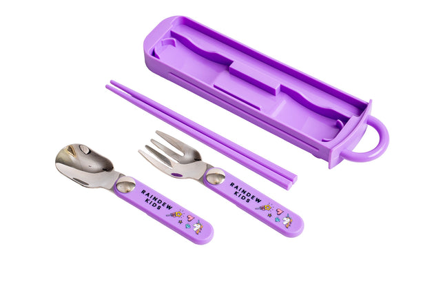 Raindew Kids Unicorn Cutlery Set . The Set Includes Foldable Fork, Spoon and a Pair of Chopstick.