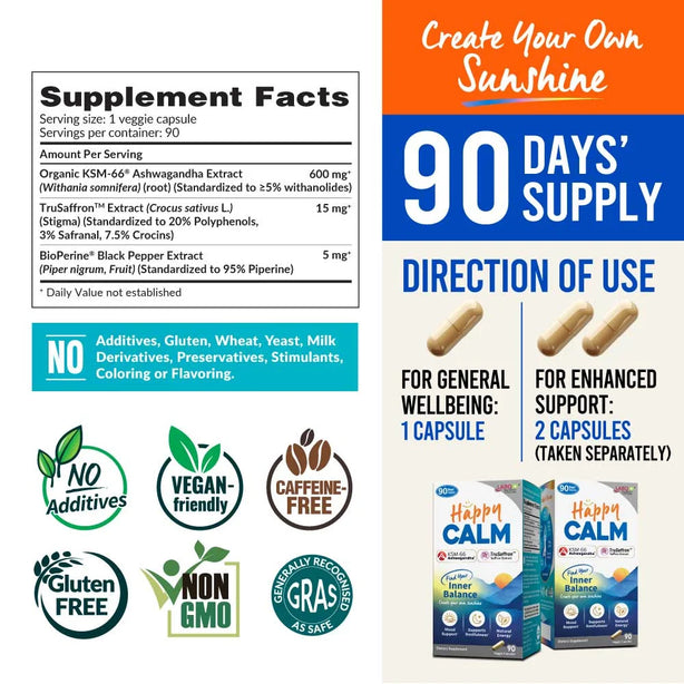 LABO Nutrition HappyCALM KSM66 Ashwagandha & Saffron Extract - Reduce Stress Relax Mood Calm Brain Restful Sleep