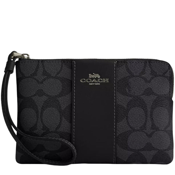 Coach Corner Zip Wristlet In Signature Canvas With Stripe - Charcoal/ Black CW854
