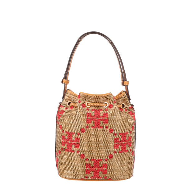 T Monogram Raffia Bucket Bag - Natural
