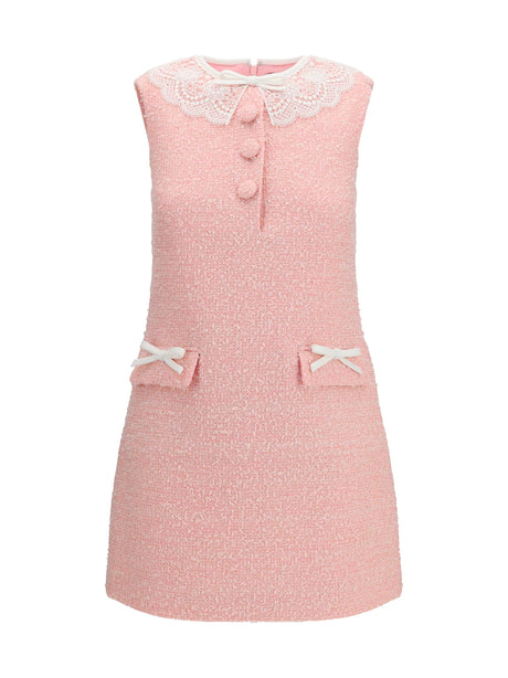Self-Portrait Bouclé mini Dress with lace collar - Pink