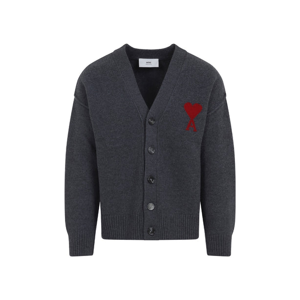 Heather Grey/Red Grey Wool Cardigan