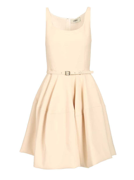 Fendi Mini Dress In Wool And Silk Blend - Beige