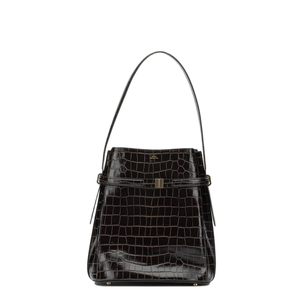 One Size Croco-Embossed Leather Bucket Bag - Dark Brown