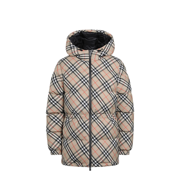 Hooded Check Nylon Puffer Jacket In Sand