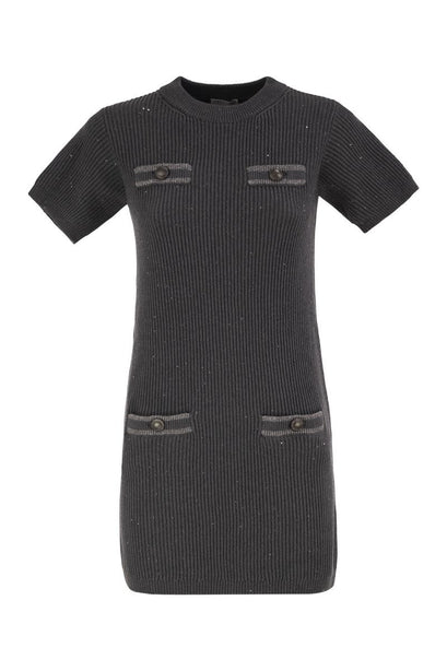 Ribbed Knit Dress with Sequins and Patch Pockets