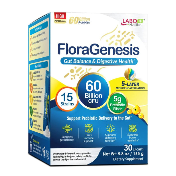 LABO Nutrition FloraGenesis 60 Billion CFU Probiotics 15 Strains for Gut Health