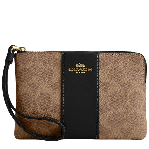 Coach Corner Zip Wristlet In Signature Canvas With Stripe - Tan/ Black CW854