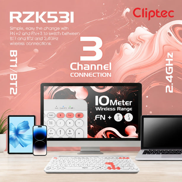 Cliptec RZK531 Dual Mode Rechargeable Wireless Multimedia Silent Keyboard With Phone Slot  - White