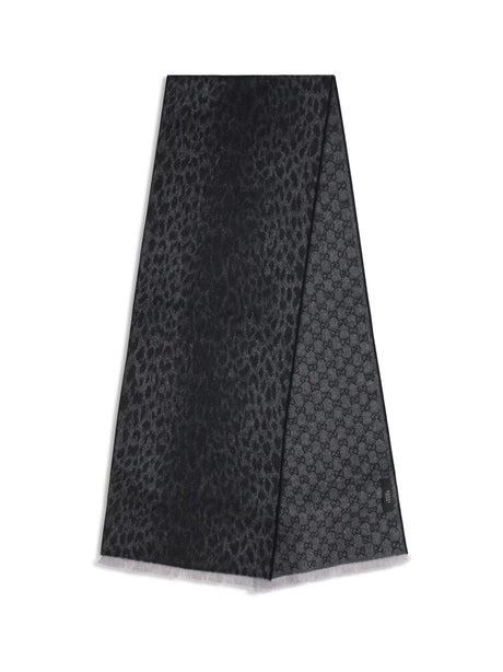 Gucci Leopard-print wool Scarf with monogram - Flanner/Black