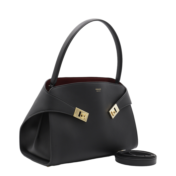 Hug Soft Medium Calf Leather Shoulder Bag - Nero / Burgundy