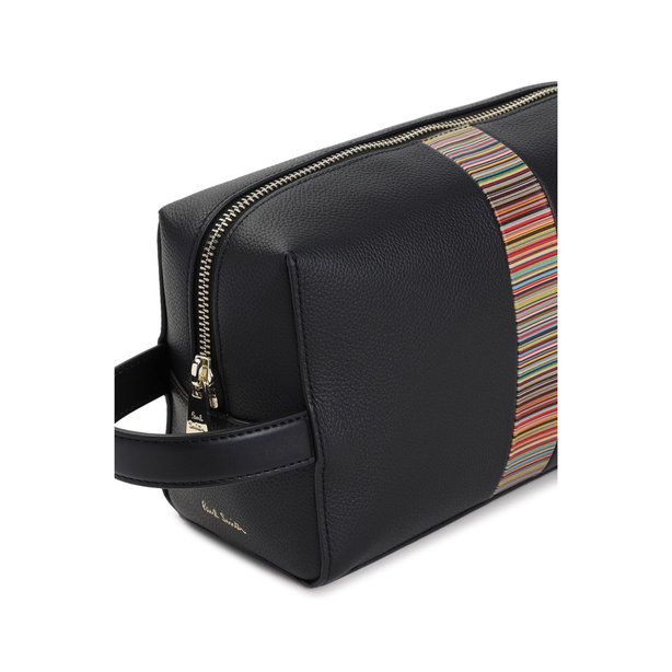 Signature Stripe Medium Leather Wash Bag - Black