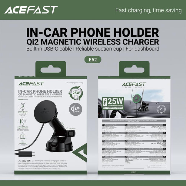 Acefast E52 QI2 25W Magnetic Wireless Charging Car Holder For Dashboard - Black