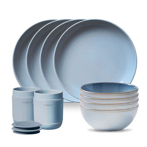 CORELLE 12pc Handcrafted Stoneware Dinnerware Set – Nordic Blue