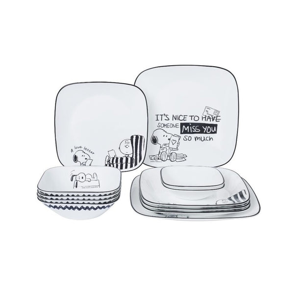 CORELLE 12pc Square Round Dinnerware Set - Snoopy Bold