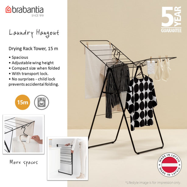 Brabantia Hangon Clothes Drying Rack, Stainless-steel, 15 m Capacity