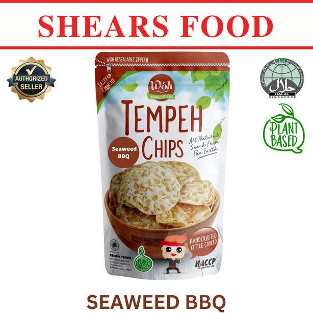 WOH Handcrafted Tempeh Chips Tempe Chips by Shears 50gms Seaweed BBQ (Bundle of 6 packs)