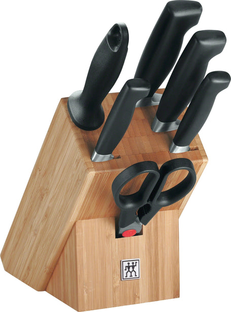Zwilling Twin Four Star Ii Block Set, 7 Pieces - Chef'S Knife, Slicing Knife, Paring Knife, Utility Knife, Sharpening Steel, Multi Purpose Shear And Wooden Block