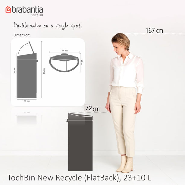 Brabantia Touch Bin New Recycle, 2x Inner Buckets, 23 + 10 L