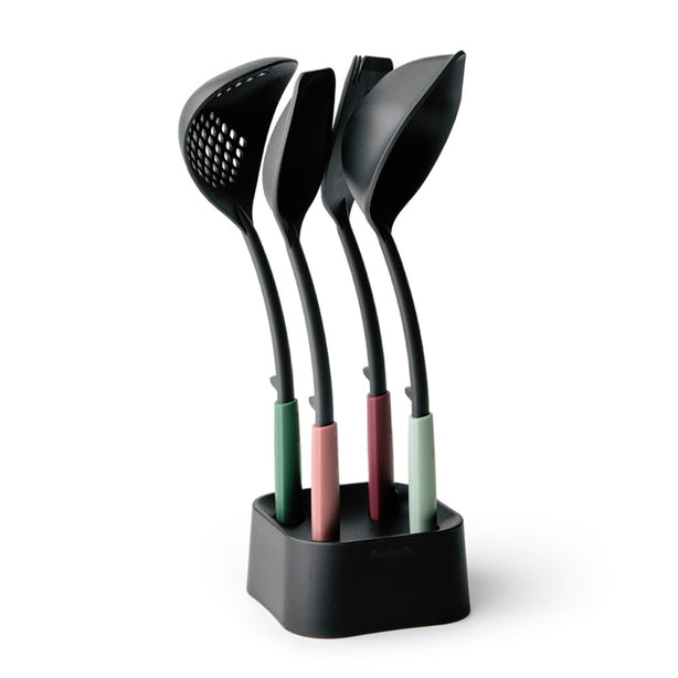 Brabantia Tasty+ Kitchen Utensils Set with Stand (Soup Ladle, Serving Spoon, Skimmer, Spatula with Fork and Stand), Set of 5