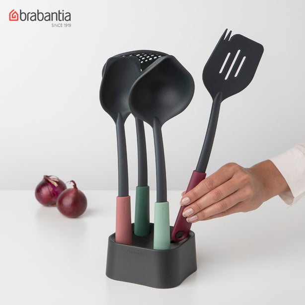 Brabantia Tasty+ Kitchen Utensils Set with Stand (Soup Ladle, Serving Spoon, Skimmer, Spatula with Fork and Stand), Set of 5