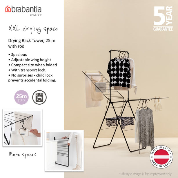 Brabantia Hangon Clothes Drying Rack with Rod, Stainless-steel, 25 m Capacity