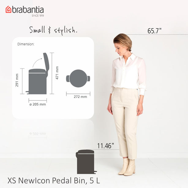 Brabantia NewIcon Soft Closing Pedal Bin XS, Plastic Inner Bucket, 5 L