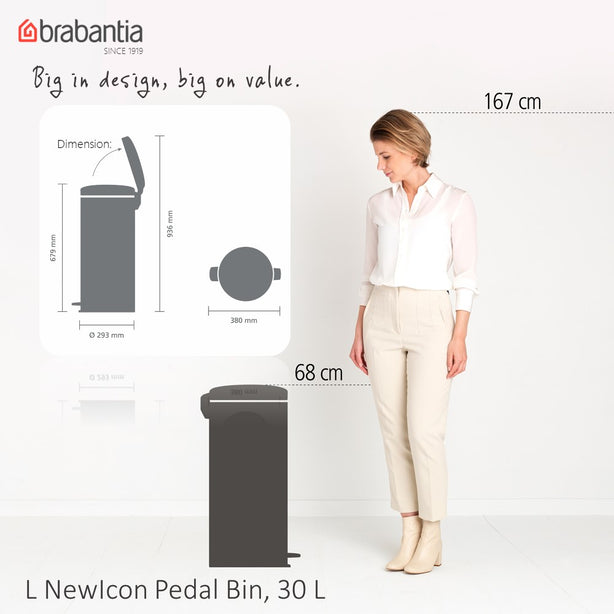 Brabantia NewIcon Soft Closing Pedal Bin L, Plastic Inner Bucket, 30 L