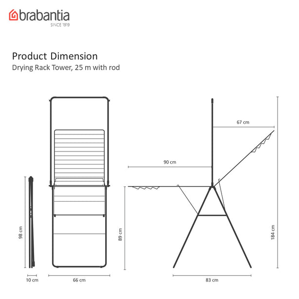 Brabantia Hangon Clothes Drying Rack with Rod, Stainless-steel, 25 m Capacity