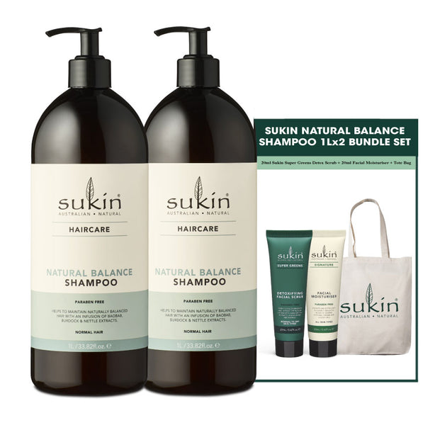 Sukin Natural Balance Shampoo 1L x 2 Bottles + Sukin Super Greens Detox Scrub 20ml + Sukin Signature Facial Moisturiser 20ml+ Tote Bag (Bundle Set)