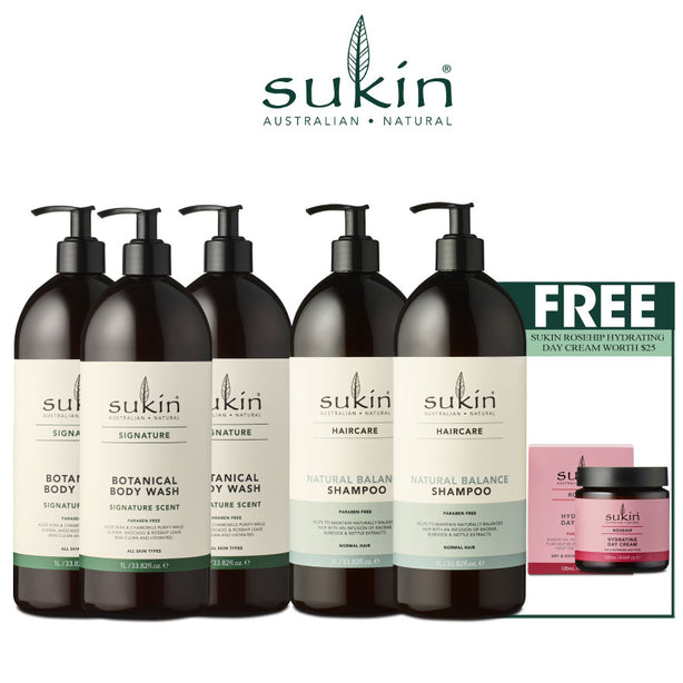 Sukin Signature Botanical Body Wash 1L x 3 Bottles + Sukin Natural Balance Shampoo 1L x 2 Bottles (FREE Sukin Rosehip Hydrating Day Cream 120ml worth $25)