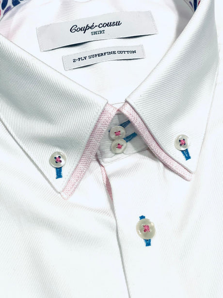 Coupe cousu, White, Double Collar Short Sleeve Shirt