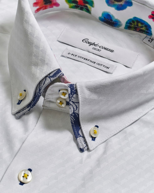 Coupe cousu, White Jacquard, Double Collar Long Sleeve Shirt