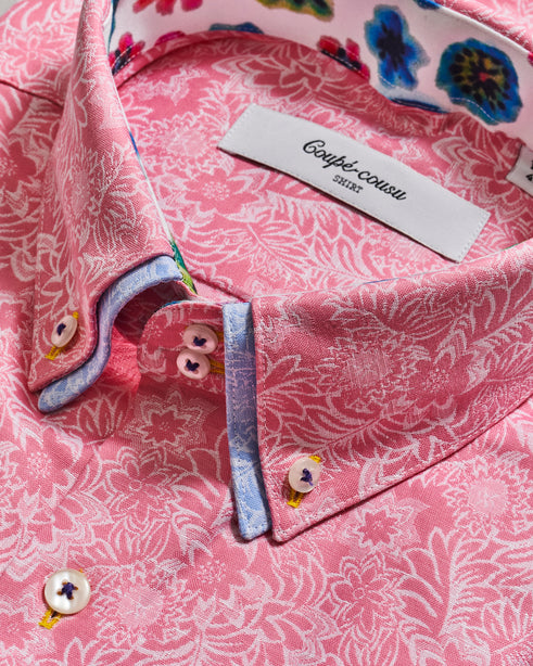 Coupe cousu, Pink Jacquard, Double Collar Long Sleeve Shirt