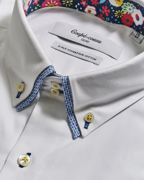 Coupe cousu, White Herringbone, Double Collar Long Sleeve Shirt