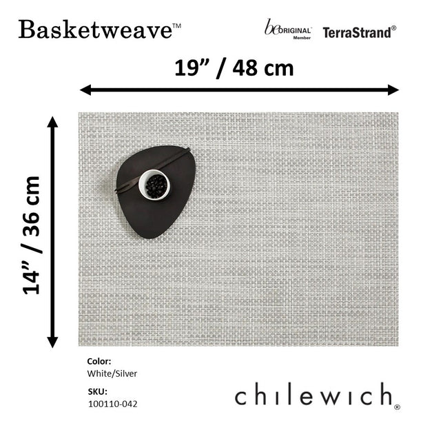 Chilewich TerraStrand® Microban® Basketweave Woven Table Mat/Placemat, Rectangle, 36 x 48 cm, White/Silver