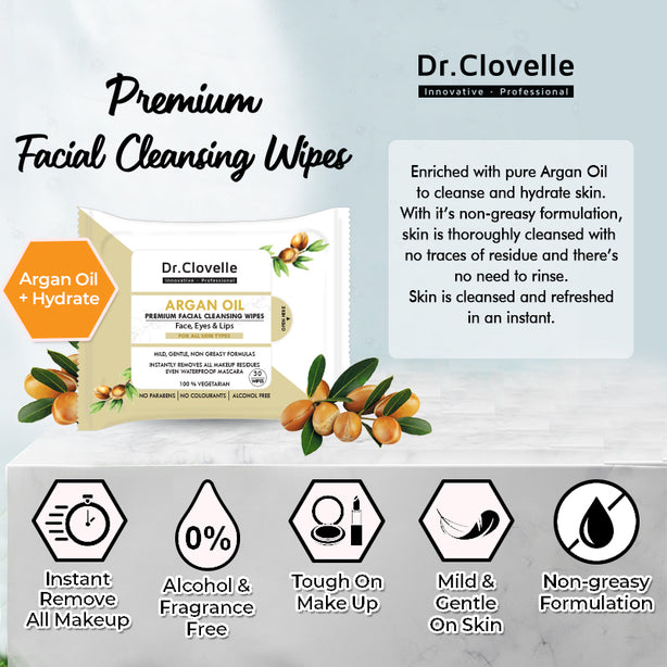 Dr Clovelle Facial Cleansing Wipes 30s x 3 (ArganOilx2 + TeaTreex1)