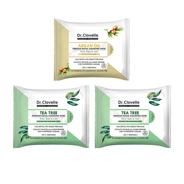 Dr Clovelle Facial Cleansing Wipes 30s x 3 (ArganOilx1+TeaTreex2)